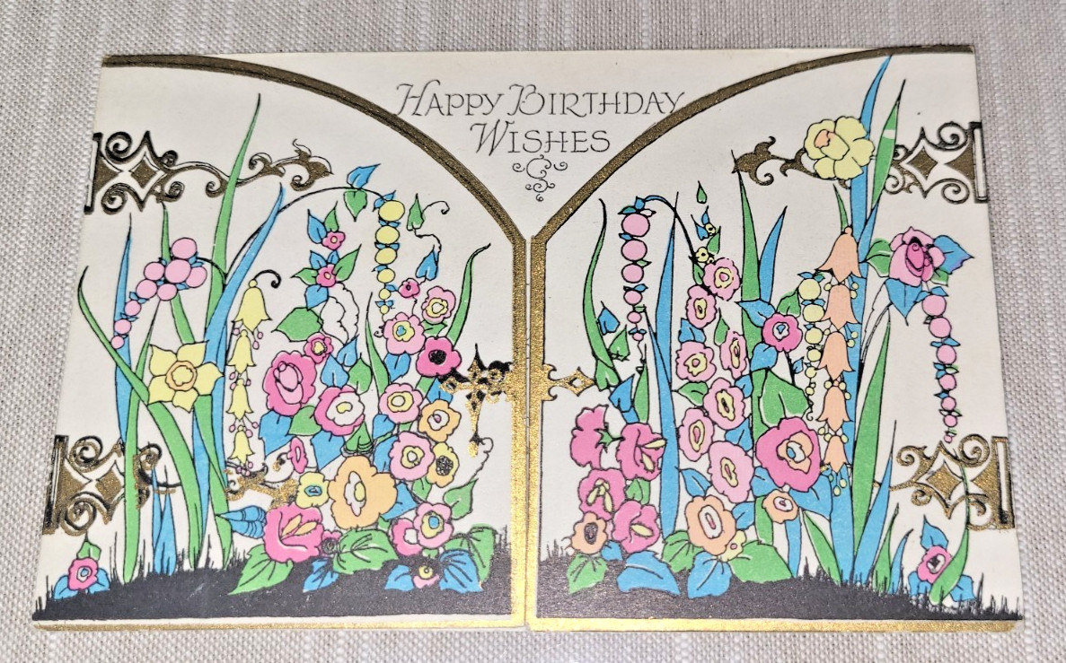 1929 Art Deco Birthday Card Flowers at the Garden Gate (No Envelope) Greeting Ca