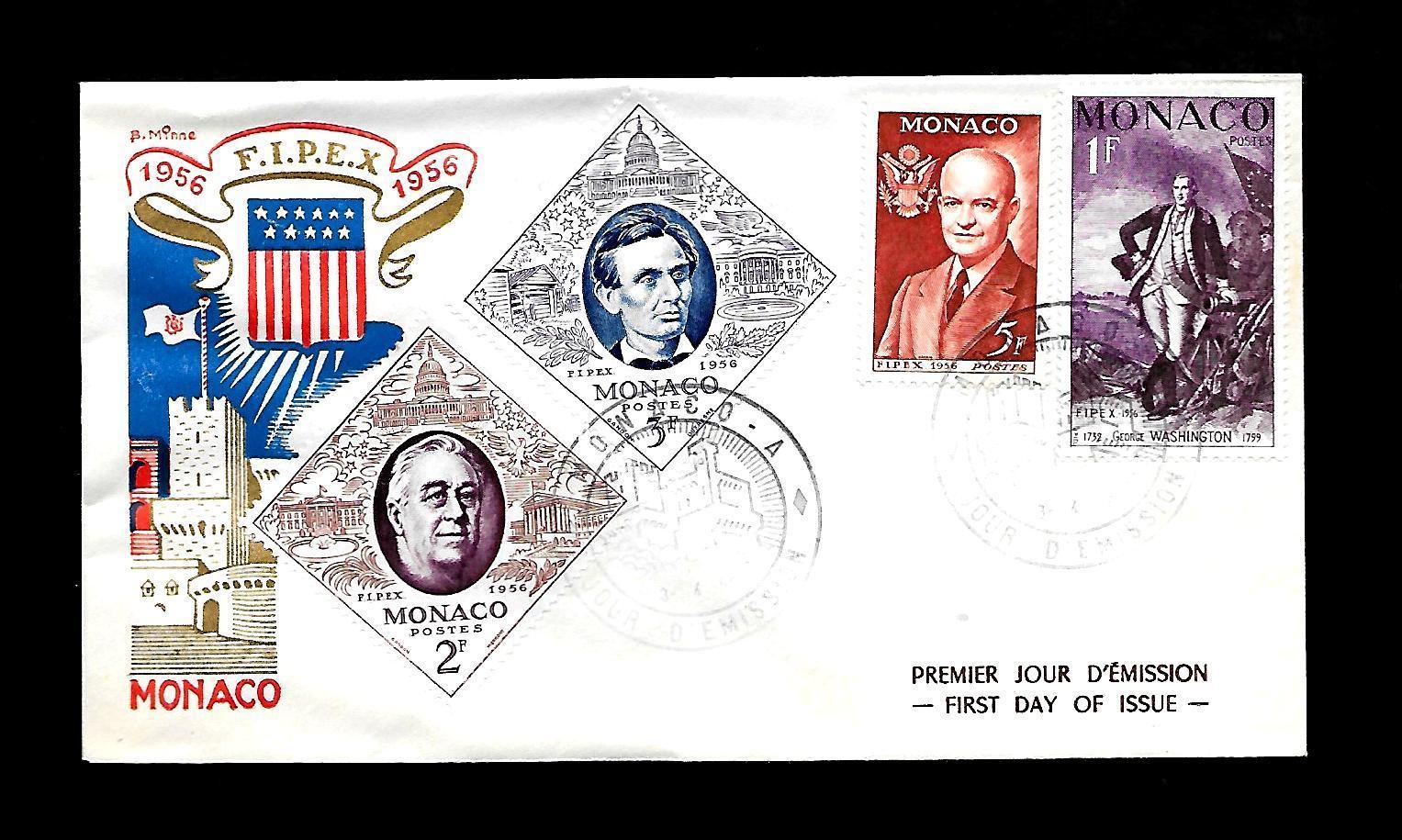 AU78 Monaco F.D.C. 1956 F.I.P.E.X. U.S. Presidents Washington Lincoln Roosevelt AU78 Monaco F.D.C. 1956 F.I.P.E.X. U.S. Presidents Washington Lincoln Roosevelt