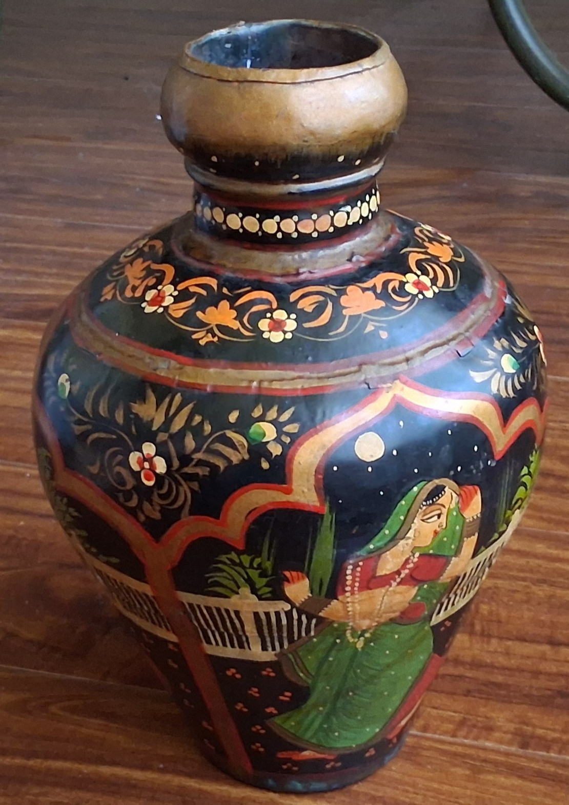 Vtg Indo-Raj Mughal Water Jug Vase Indian Hand Painted Hammered Metal Floral 10