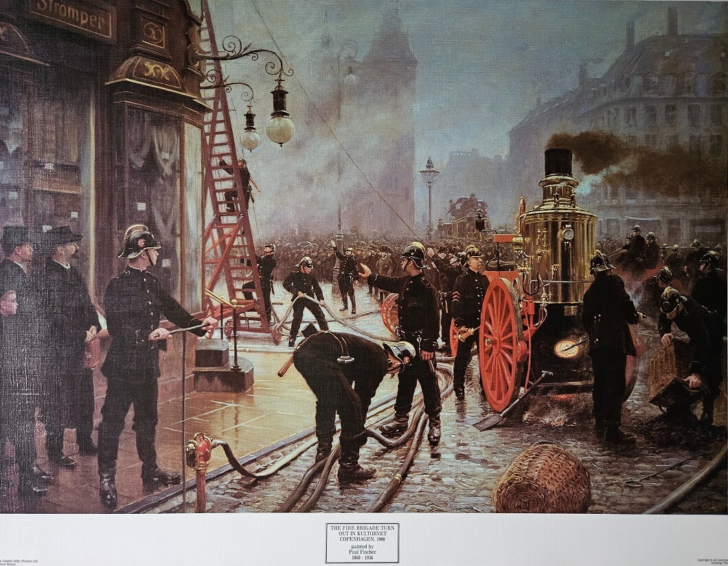 Stephen Selby Print - The Fire Brigade Turn Out In Kultorvet Copenhagen 1900