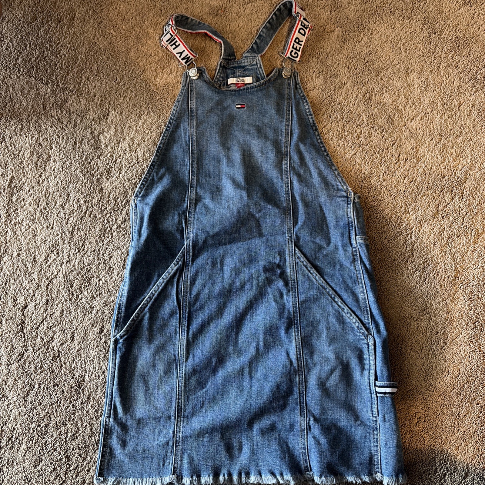 Y2K Tommy Hilfiger Womens Small Denim Overall Bib Dress Logo Straps Frayed Hem