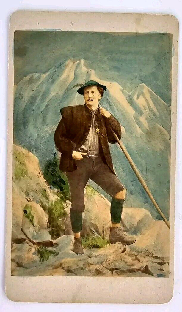 Rare Antique Franz Unterberger CDV Photo Hiking Alps Mountain Man Hand Tinted