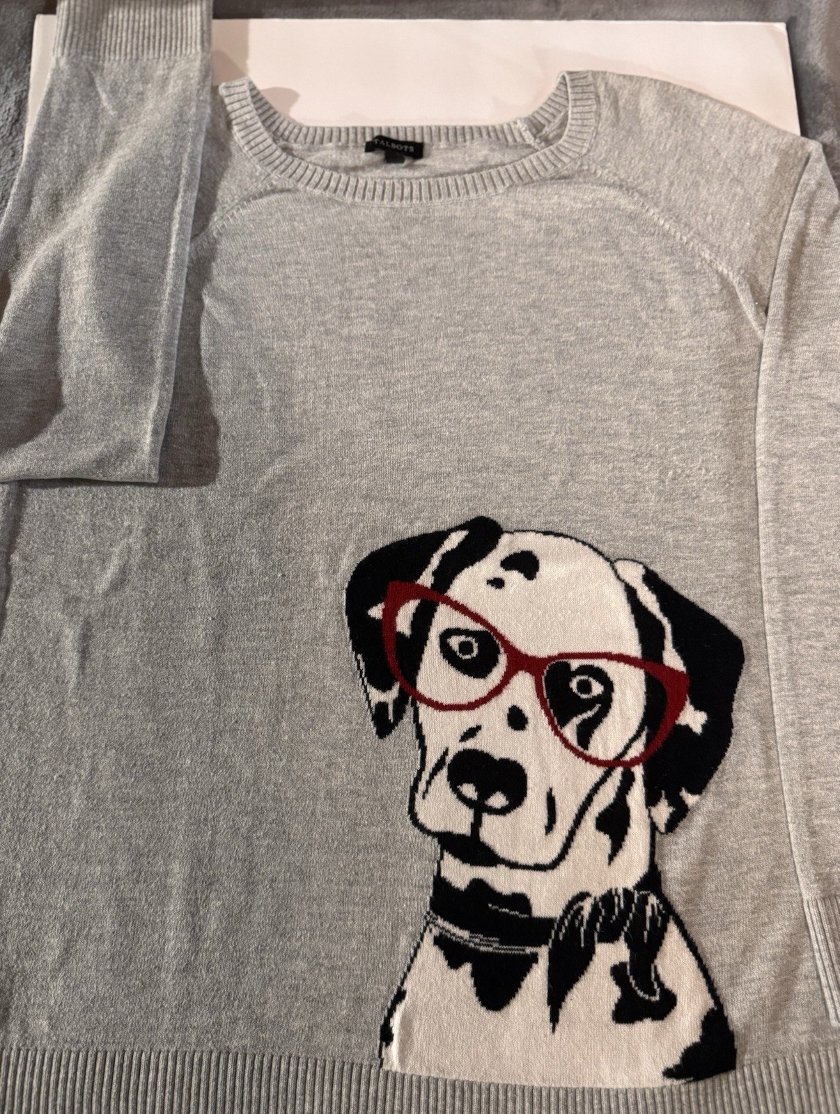 Talbots Dalmation Dog Whimsical Womens Gray Sweater, Size Large Talbots Dalmation Dog Whimsical Womens Gray Sweater, Size Large