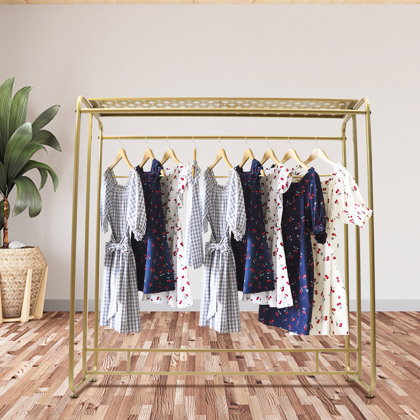 Golden Clothes Retail Metal Garment Rack Double Rod Hanging Clothing Rack