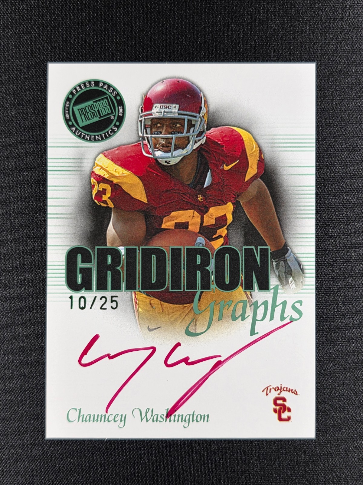 Chauncey Washington 2008 Press Pass Gridiron Green Foil Red Ink AUTO 10/25 USC