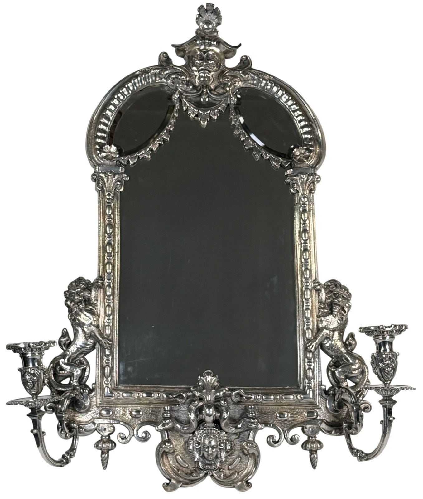 Antique French Napoleon III Silver Bronze Dressing Table Vanity Girandole Mirror
