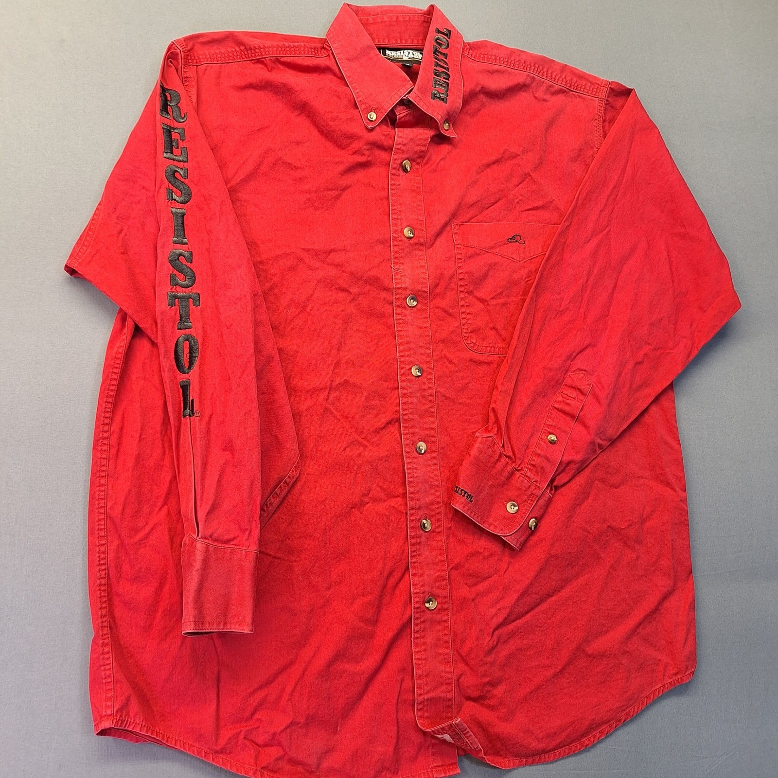 Resistol Rodeo Gear Mens Red Western Button Down Shirt Logo Sleeve Medium