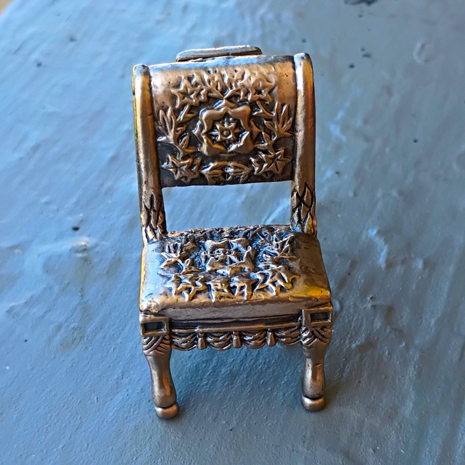 Antique Sterling Silver Miniature Ornate Chair Figurine Floral Repousse