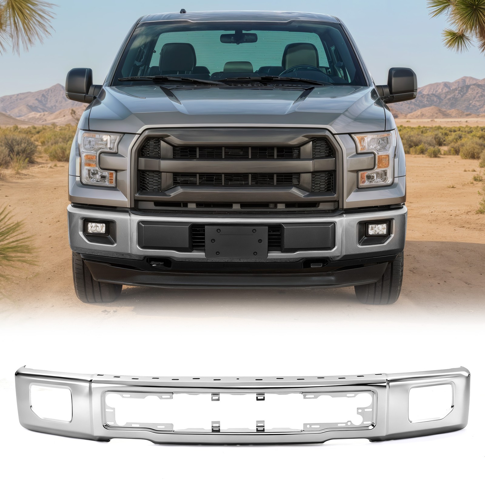 One Piece Chrome / Black Front Bumper For 2015-2017 Ford F-150 F150