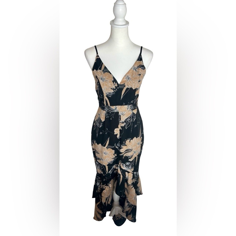 NWT Lulu\'s Black & Tan Floral V-Neck High Low Maxi Dress Sz M Boho Tropical
