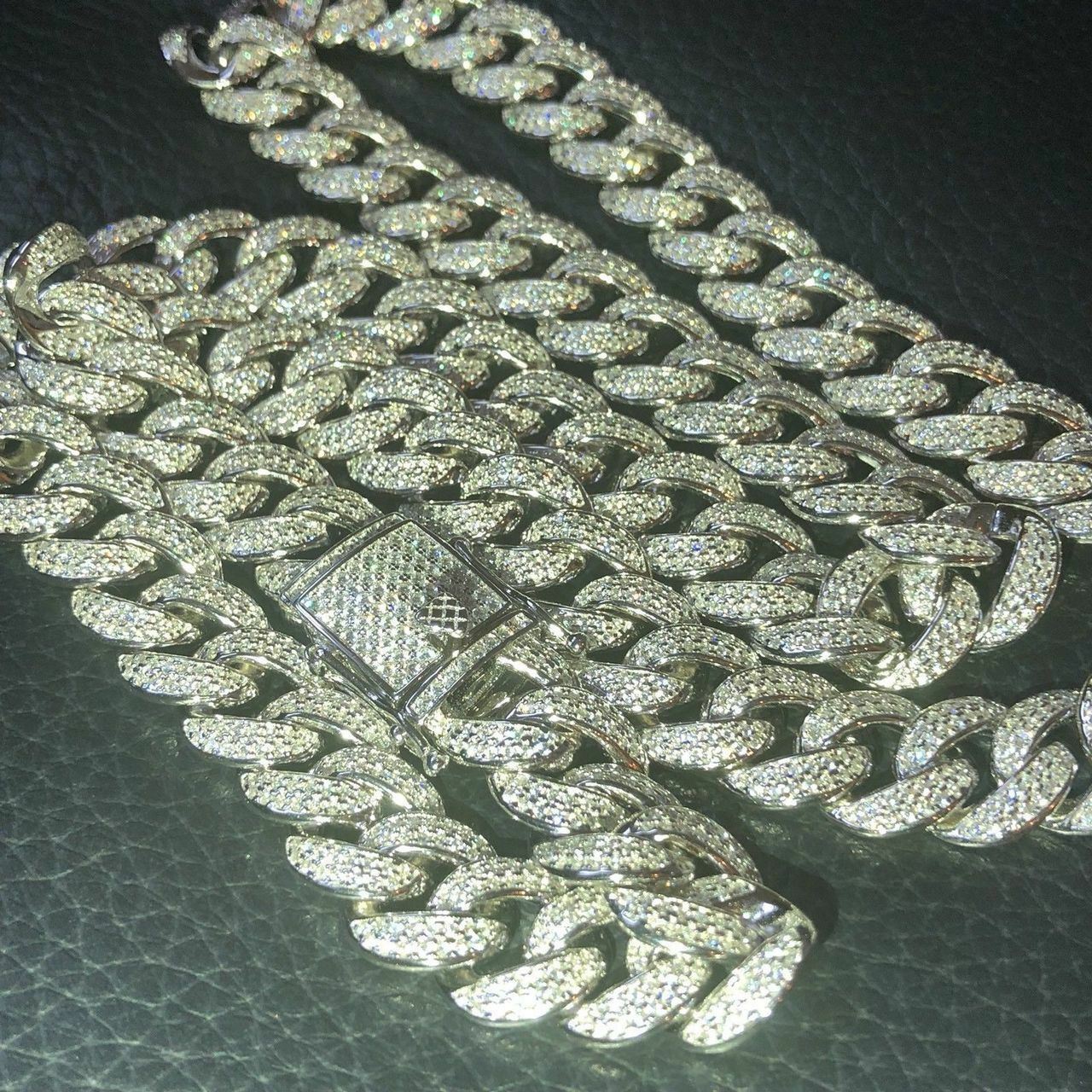 Mens Cuban Miami Link 12mm Chain 925 Silver 40-60ct Simulated Diamonds 18-30\