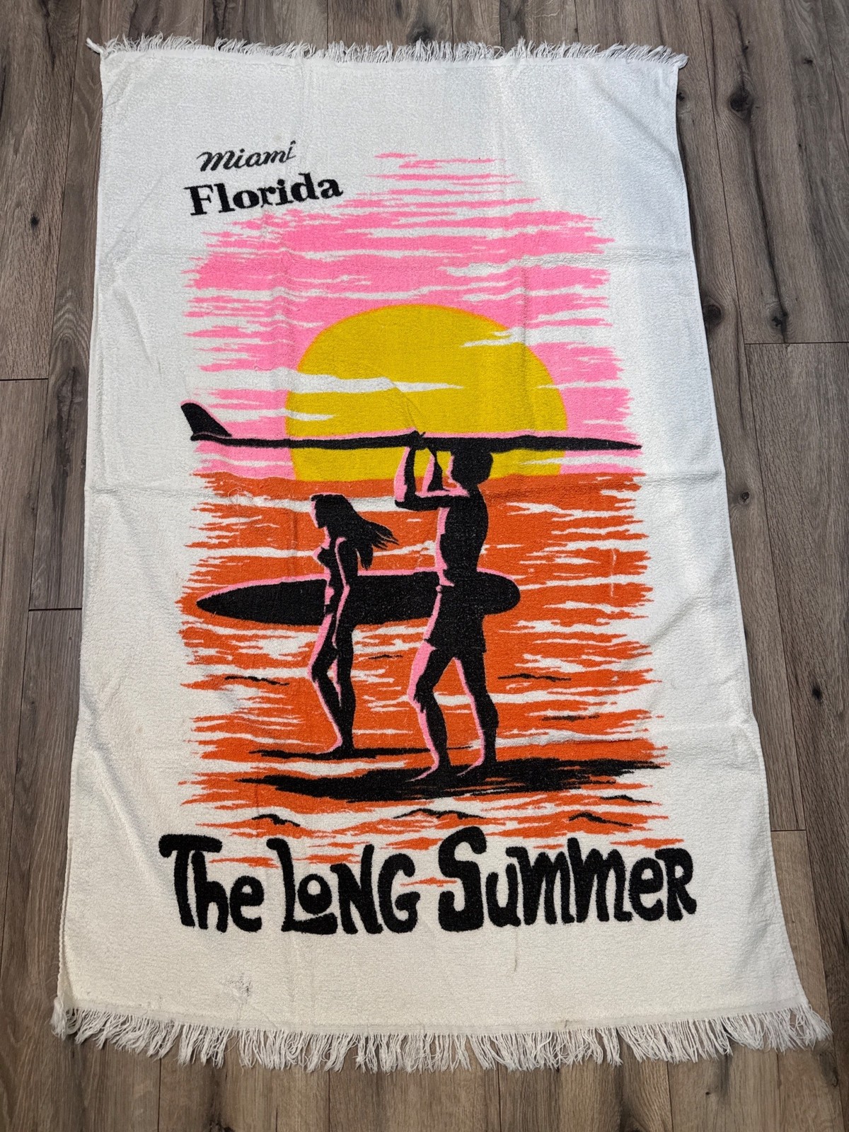 VTG 60/70\'s Cannon Miami Florida Beach Towel Fringe & The Long Summer Print 58\