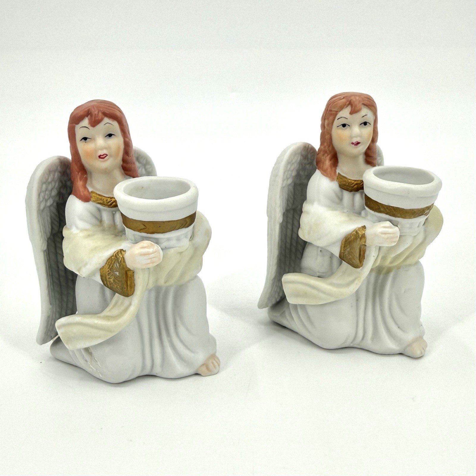 Porcelain Angel Candle Holders Set of 2 Kneeling Christmas Figurines Vintage 4”