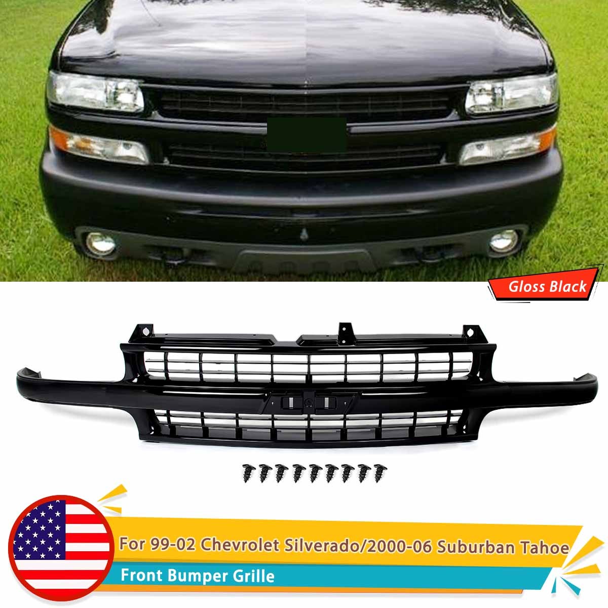 For 99-02 Chevrolet Silverado / 2000-06 Suburban Tahoe Front Grille Gloss Black For 99-02 Chevrolet Silverado / 2000-06 Suburban Tahoe Front Grille Gloss Black