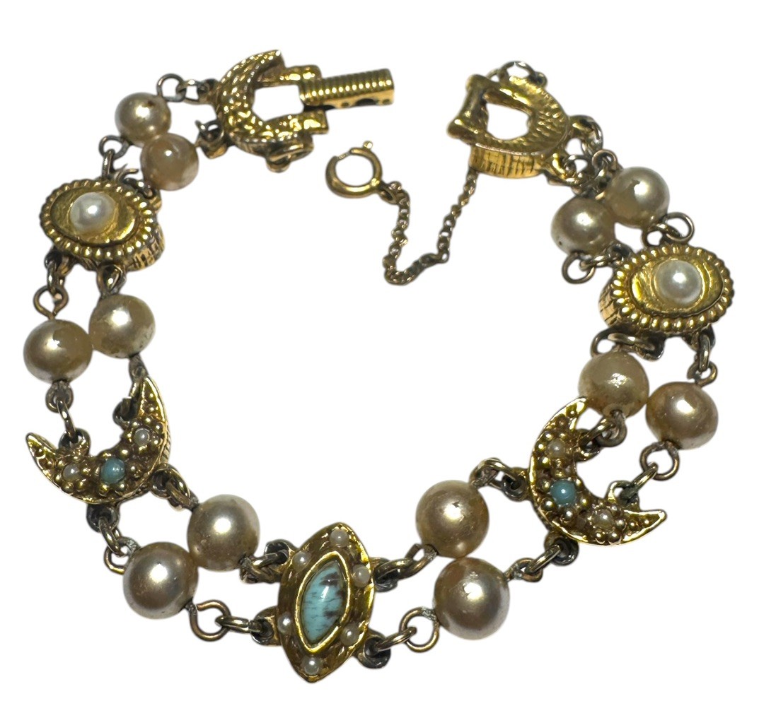 Goldette Charm Moon Bracelet Pearl Vintage Victorian Gold Plated signed 7.25 Goldette Charm Moon Bracelet Pearl Vintage Victorian Gold Plated signed 7.25