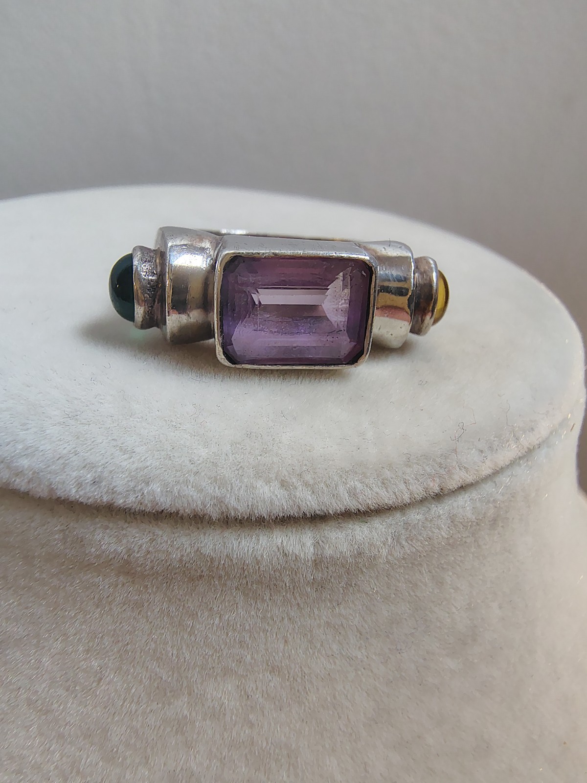 Modernist Sterling Silver 925 Emerald Cut Amethyst Cabochon Ring Size 7.75 Vtg