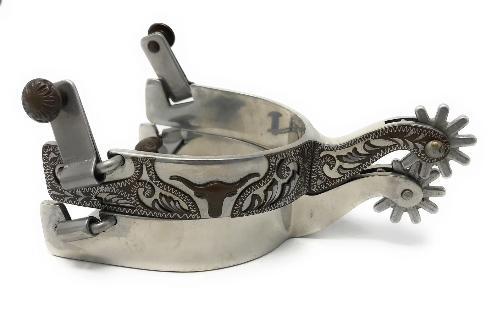 AJ Tack Longhorn Engraved Stainless Steel Mens Spurs AJ Tack Longhorn Engraved Stainless Steel Mens Spurs