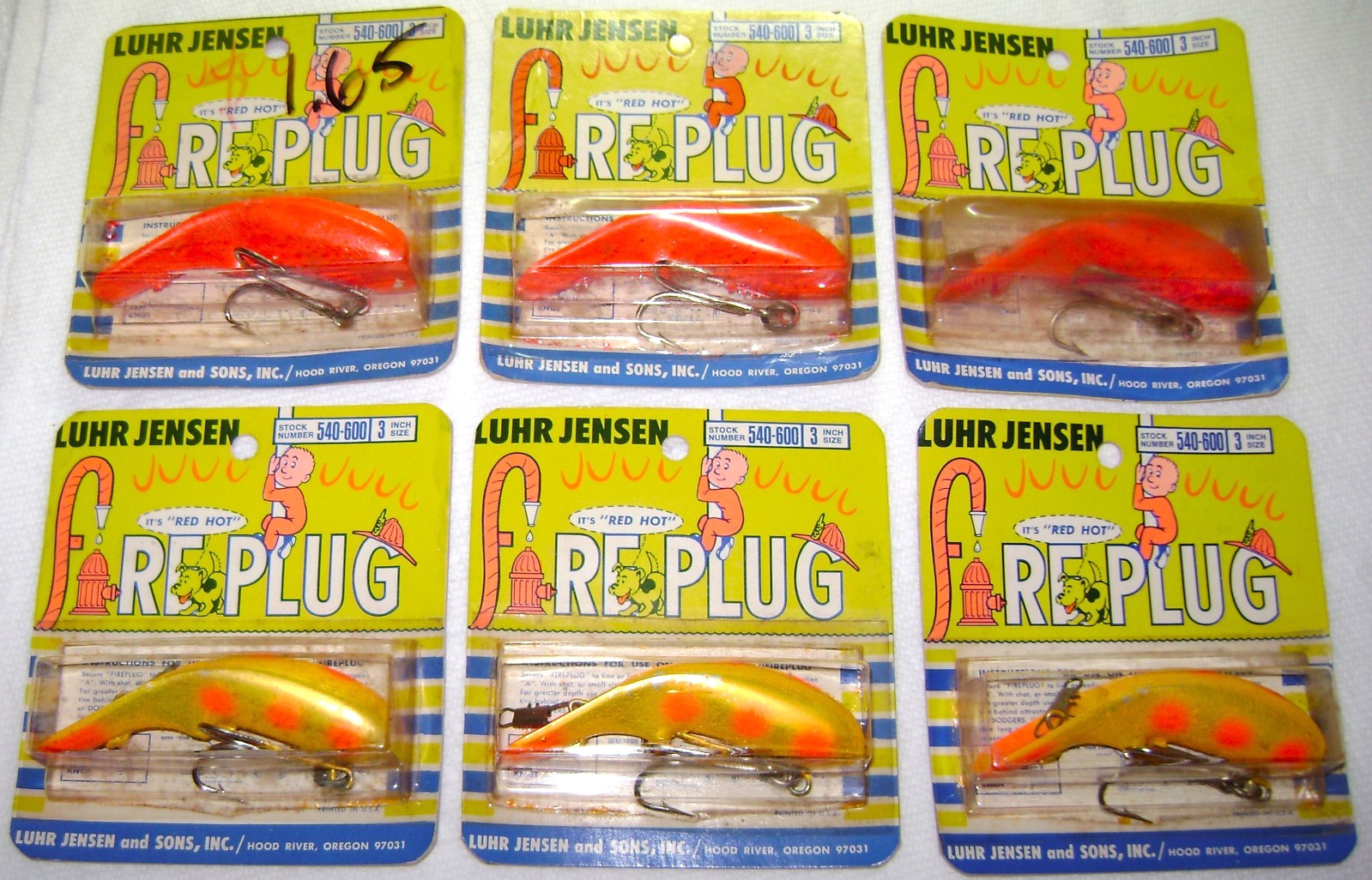 LOT OF 6 LUHR JENSEN FIRE PLUG LURES VINTAGE ARTWORK ON PACKAGES SALMON TROUT