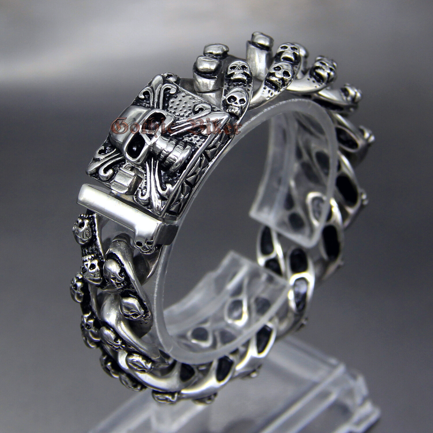Heavy Gothic Stainless Steel Skulls Curb Link Cuban Chain Men\'s Biker Bracelet