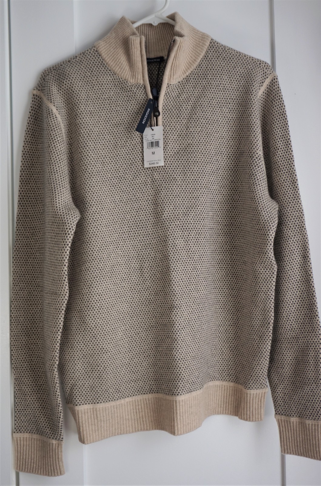 New Magaschoni Men\'s Cashmere Wool Chestnut Charcoal Half Zip Waffle Sweater M New Magaschoni Men\'s Cashmere Wool Chestnut Charcoal Half Zip Waffle Sweater M