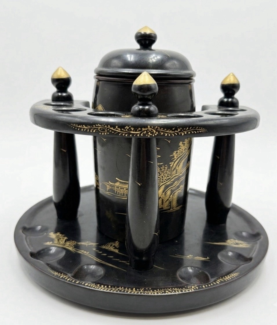 Vintage Japanese Black Lacquer Smoking Set Mt Fuji Pagoda Pipe Holder