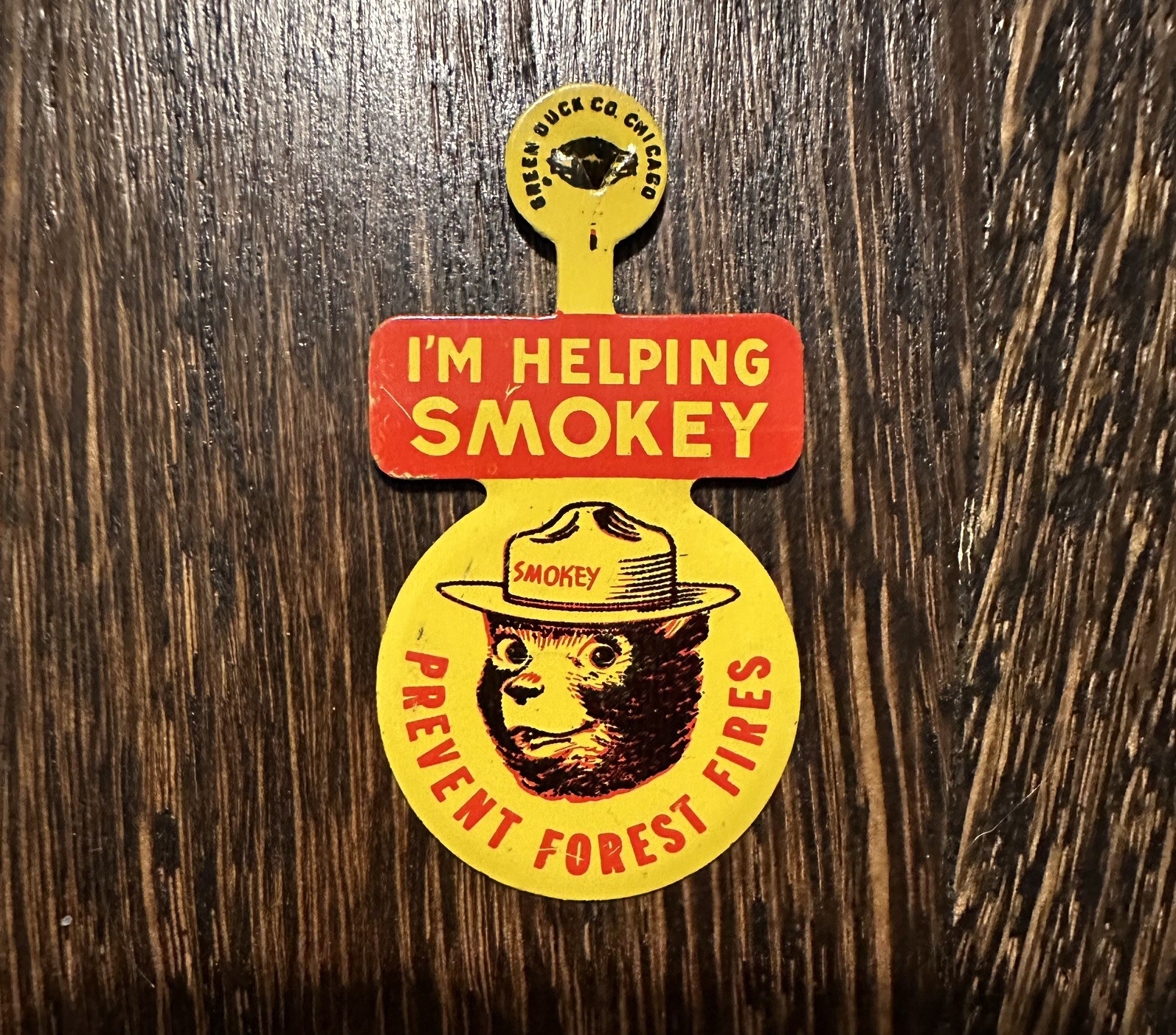 Vintage Smokey the Bear I'm Helping Prevent Forest Fires Fold Over Tab Button Vintage Smokey the Bear I'm Helping Prevent Forest Fires Fold Over Tab Button