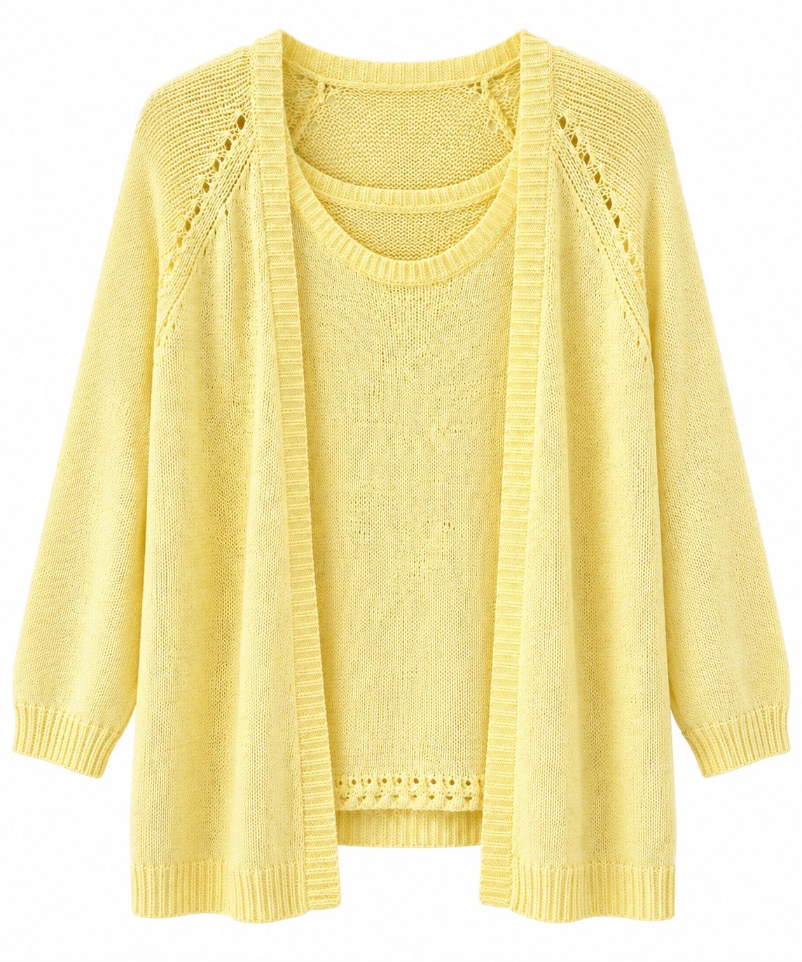 Vintage Coldwater Creek Yellow Knit 2-Piece Cardigan & Crewneck Sweater Set M