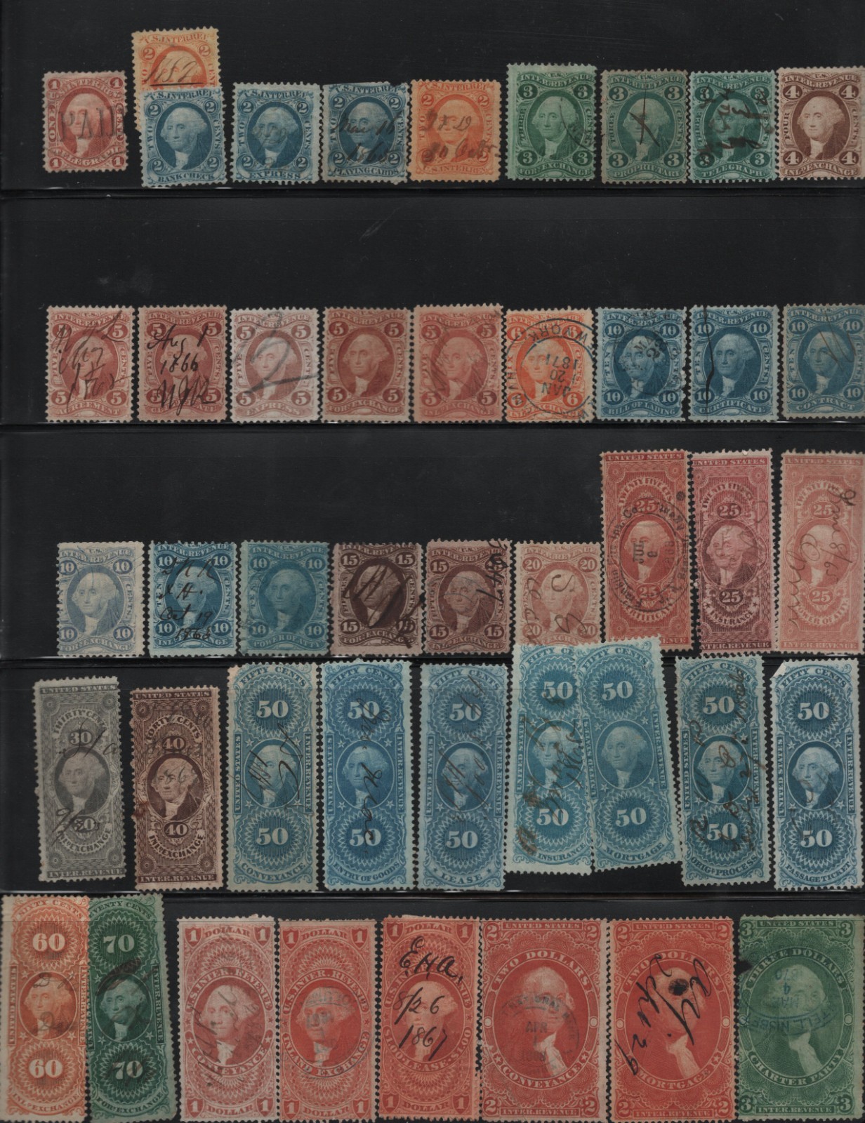 US 1862-1880s COLLECTION OF 140+ REVENUES ON 4 PAGES ALL SCANNED MIXED CONDITION