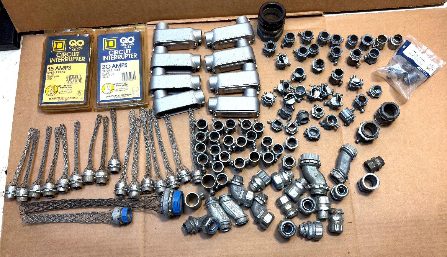 Electricians Lot of EMT & GFCI Square D breaker, Cable  Box elbow  connectors