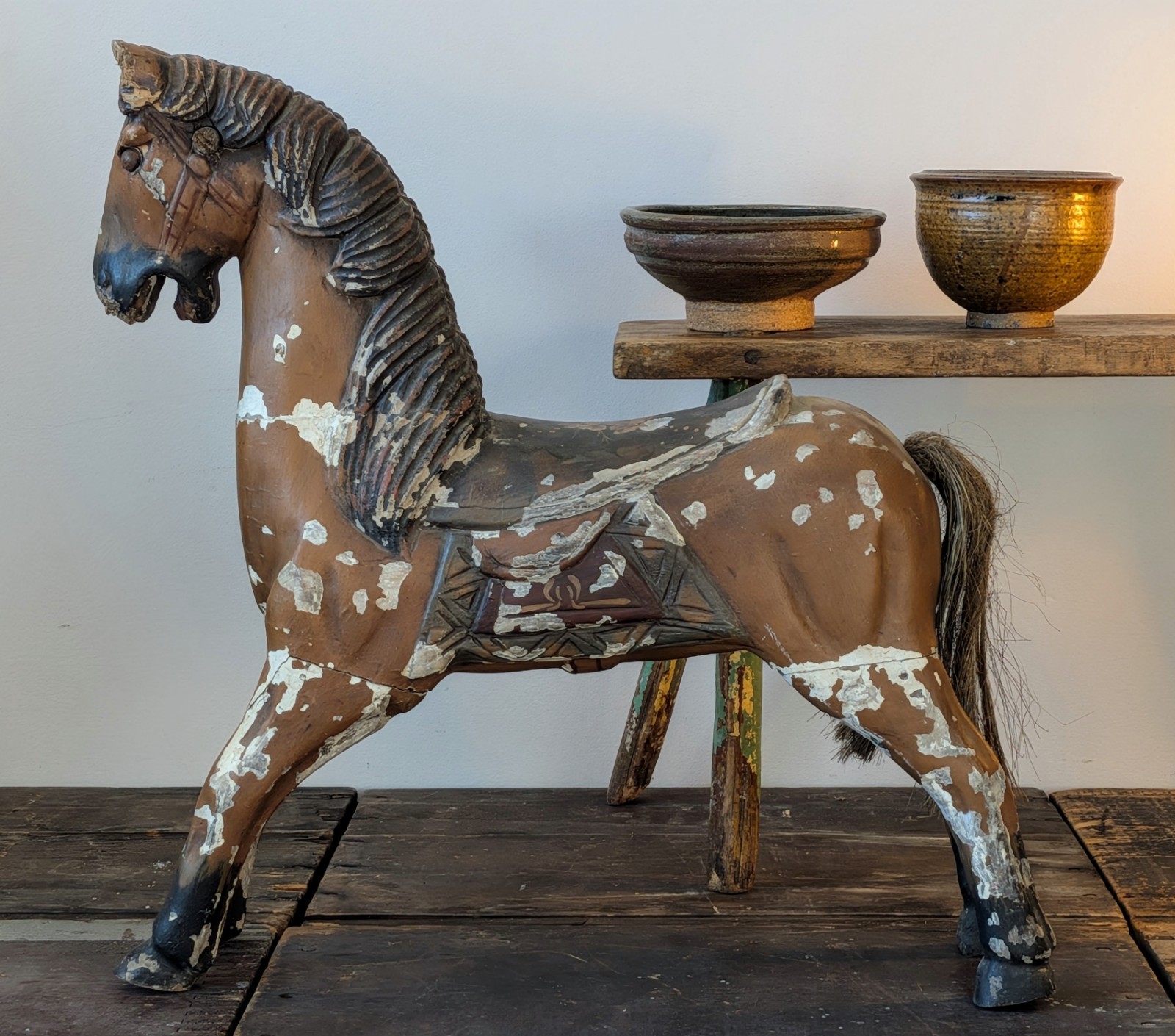 Antique Carved Wooden Horse, Hand Painted Folk Art Primitive - Carousel Style 