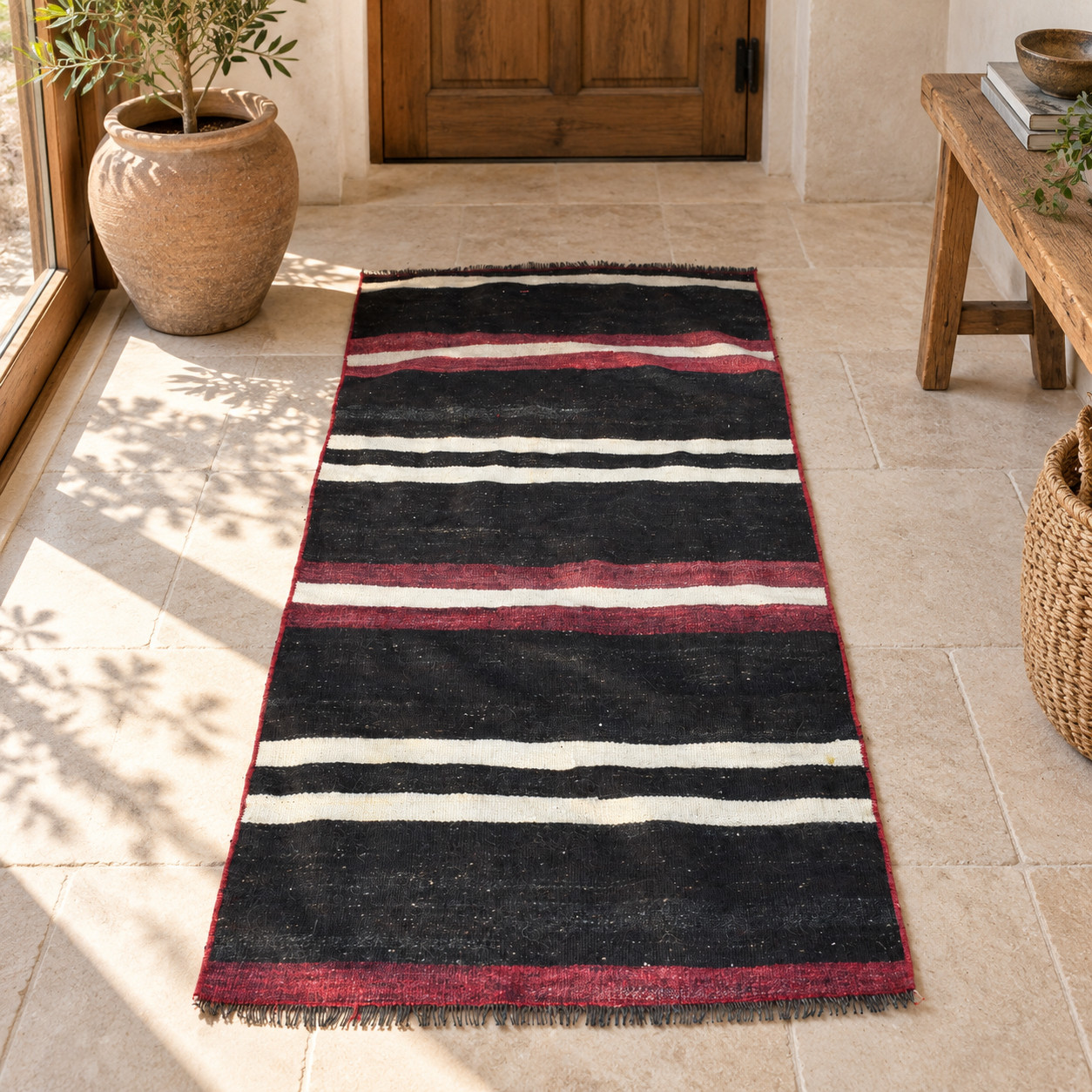 Kayseri Turkish Kilim Flatweave Rug, Striped Rug, 2.5 x 5 ft, Black Rug, Vintage Kayseri Turkish Kilim Flatweave Rug, Striped Rug, 2.5 x 5 ft, Black Rug, Vintage