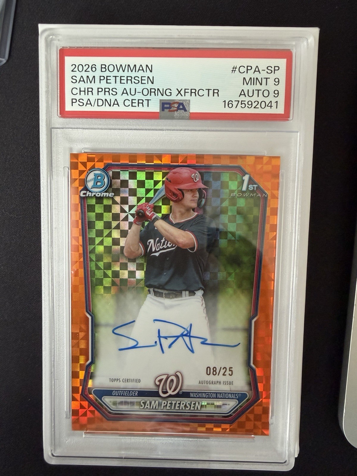 Topps Bowman 2026 Nationals Sam Petersen Orange AUTO X-Fractor NUMBERED /25 PSA9 Topps Bowman 2026 Nationals Sam Petersen Orange AUTO X-Fractor NUMBERED /25 PSA9