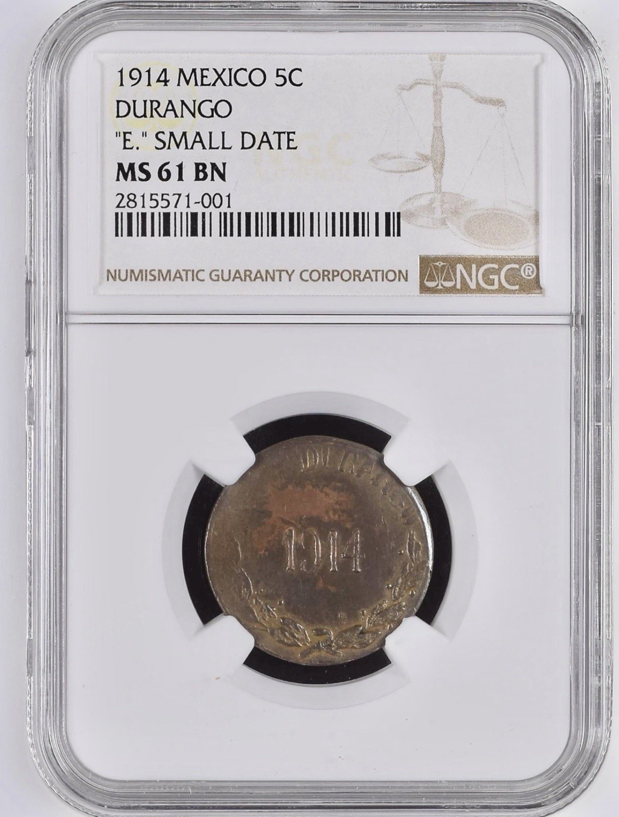Rare Mexico 1914 Durango 5C ‘E’ Sm Date NGC MS61 BN, Rarely Seen, Mostly LG date