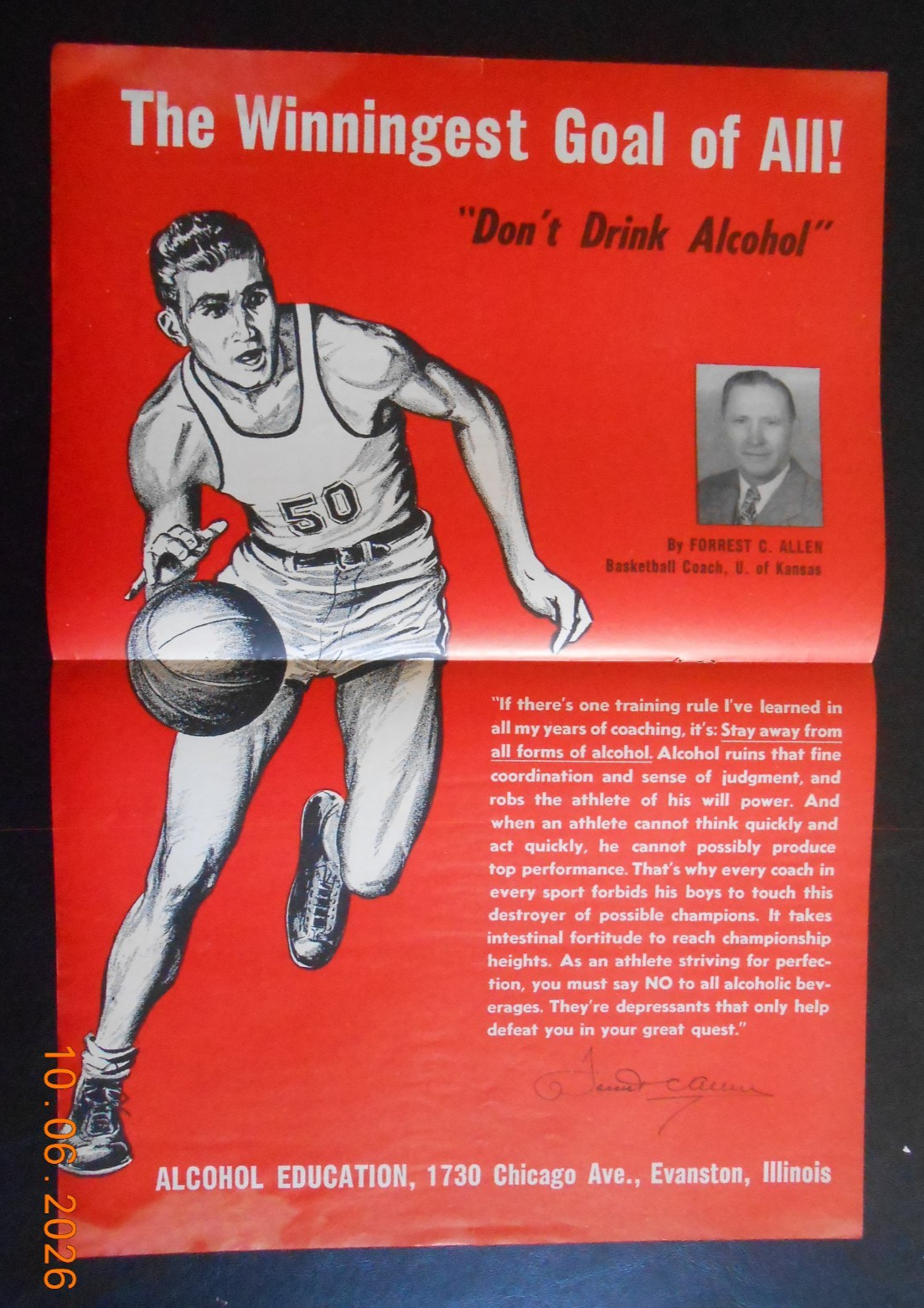 RARE 1955 Forrest Phog Allen U of Kansas Jayhawks Basektball Poster Alcohol AD