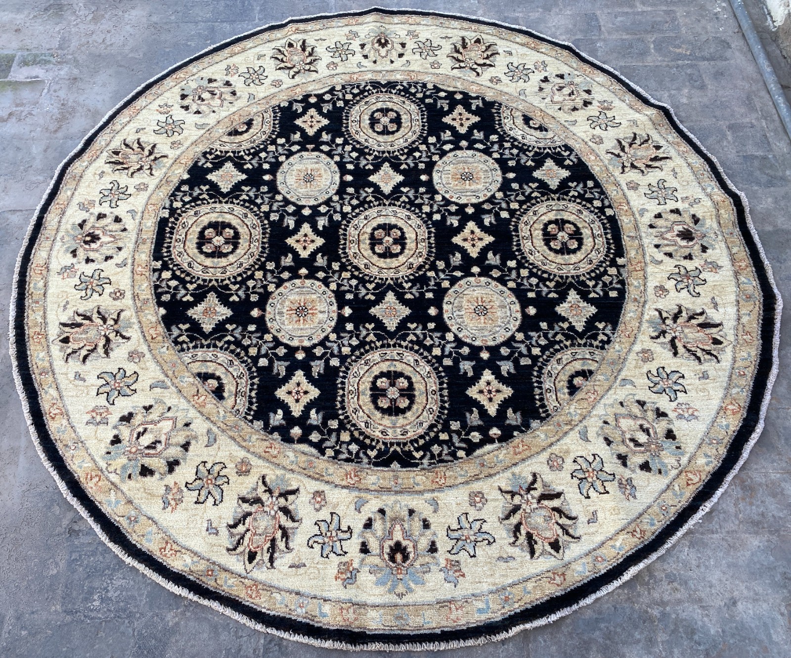 6x6 ft Black Round Hand Knotted Ziegler Oushak Oriental Afghan Living Room Rug