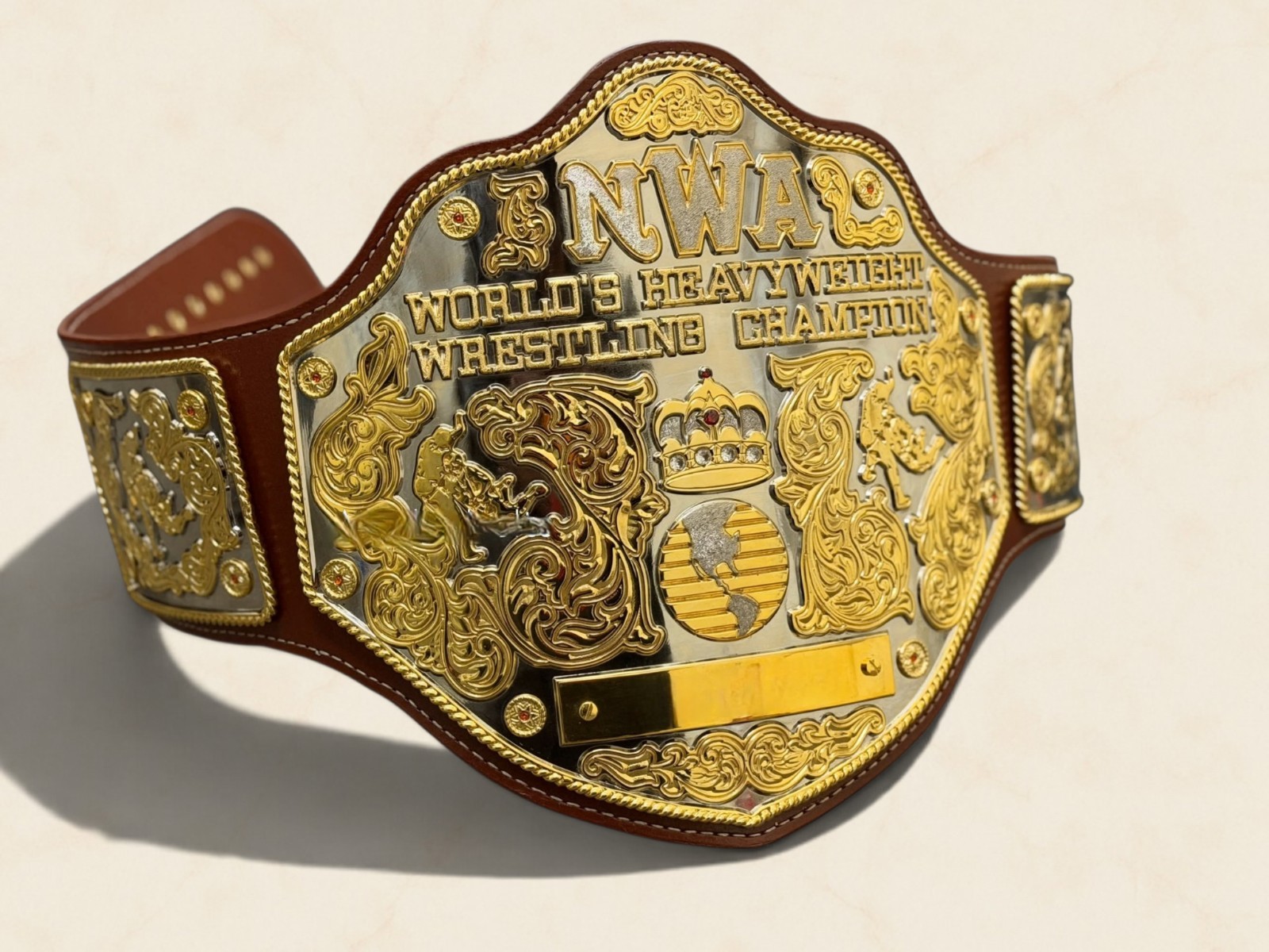 NWA BIG GOLD WORLD HEAVYWEIGHT TITLE BELT ADULT SIZE DUAL PLATED 2MM HD QUALITY.