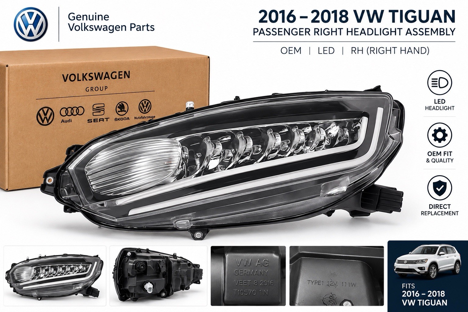 2016–2018 VW Tiguan Passenger Right Headlight Assembly OEM VW AG RH LED NIB