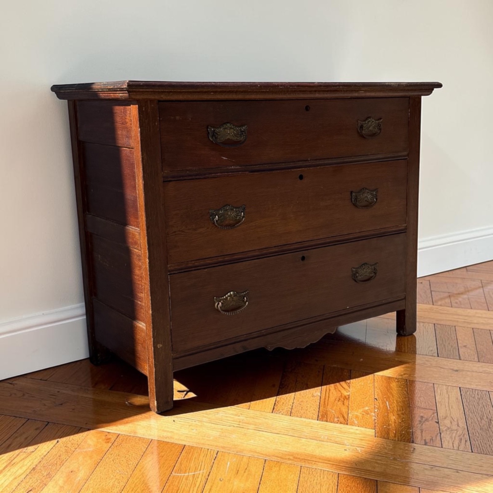 Antique Victorian Oak 3 Drawer Chest Arts Crafts Style Brass Hardware