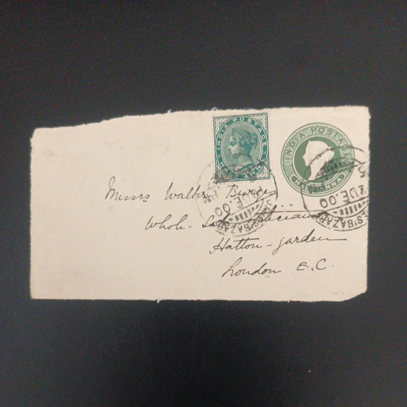 British India 1900 QV 1a Combination Cover Cut China Bazar Calcutta to London
