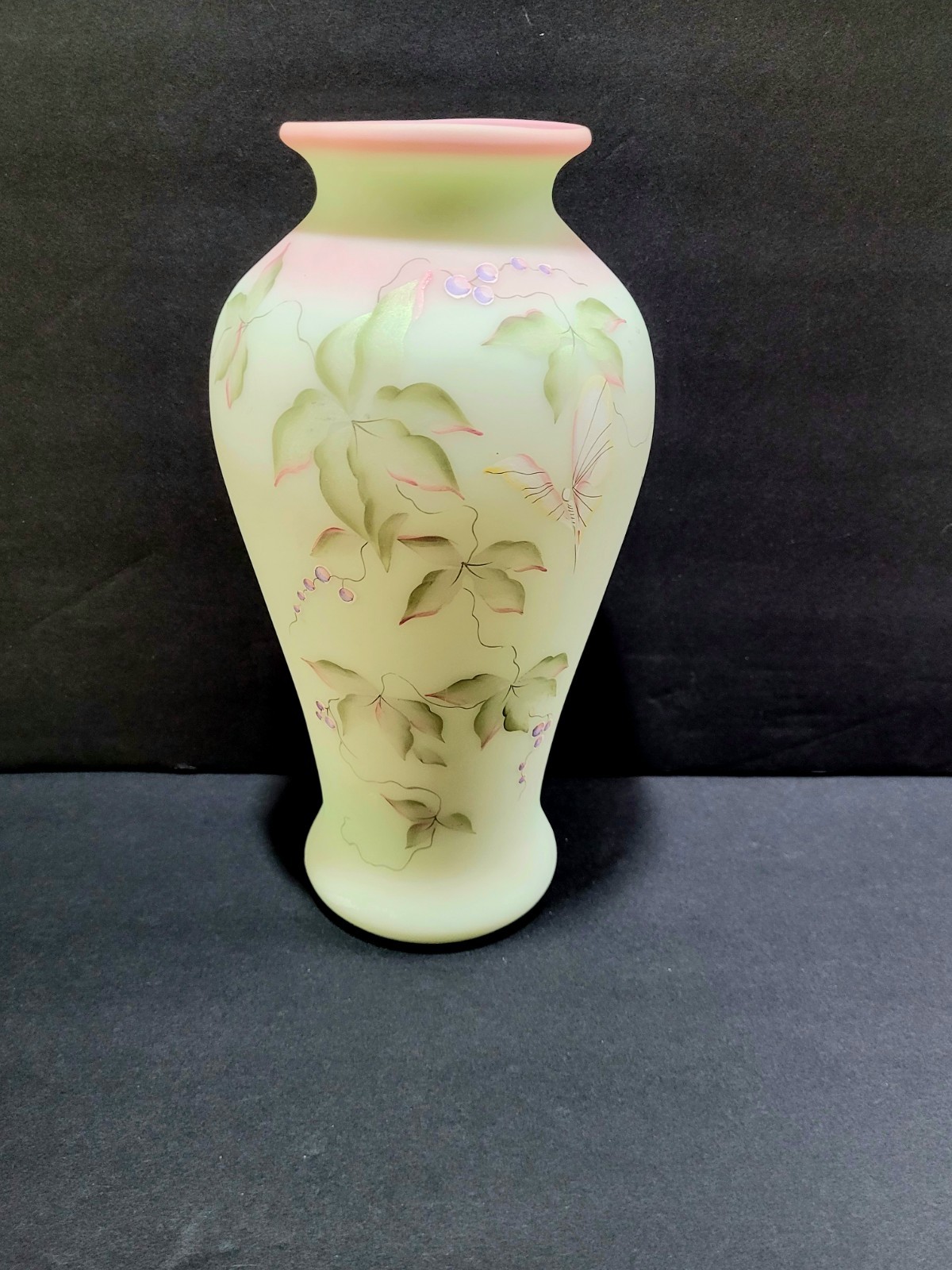 Fenton LOTUST MIST BURMESE Butterfly & Berry Glass VASE Historic Collection 2nd 