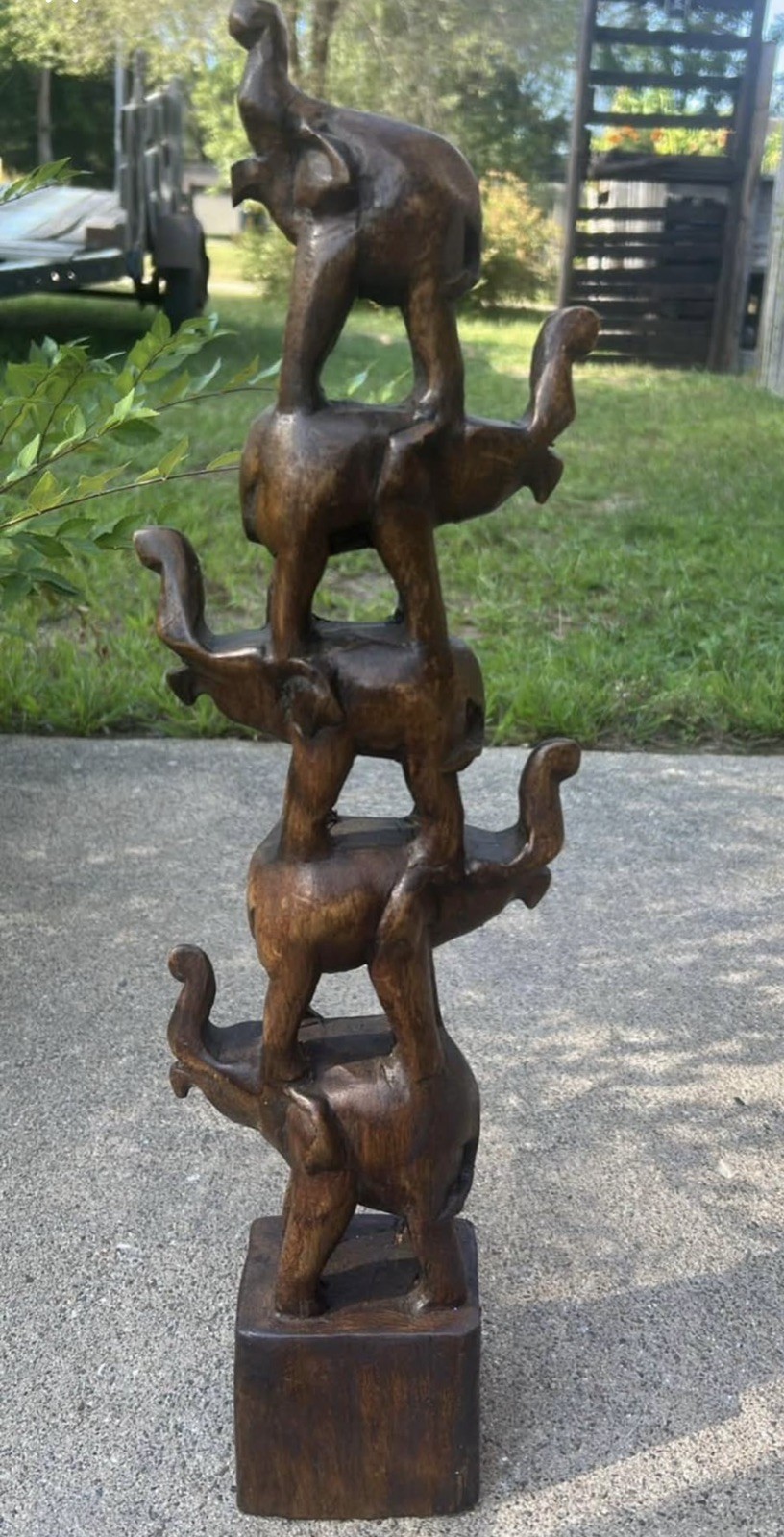 Lucky Elephant Tower Of 5 Vintage Wooden Hand Carved 19”