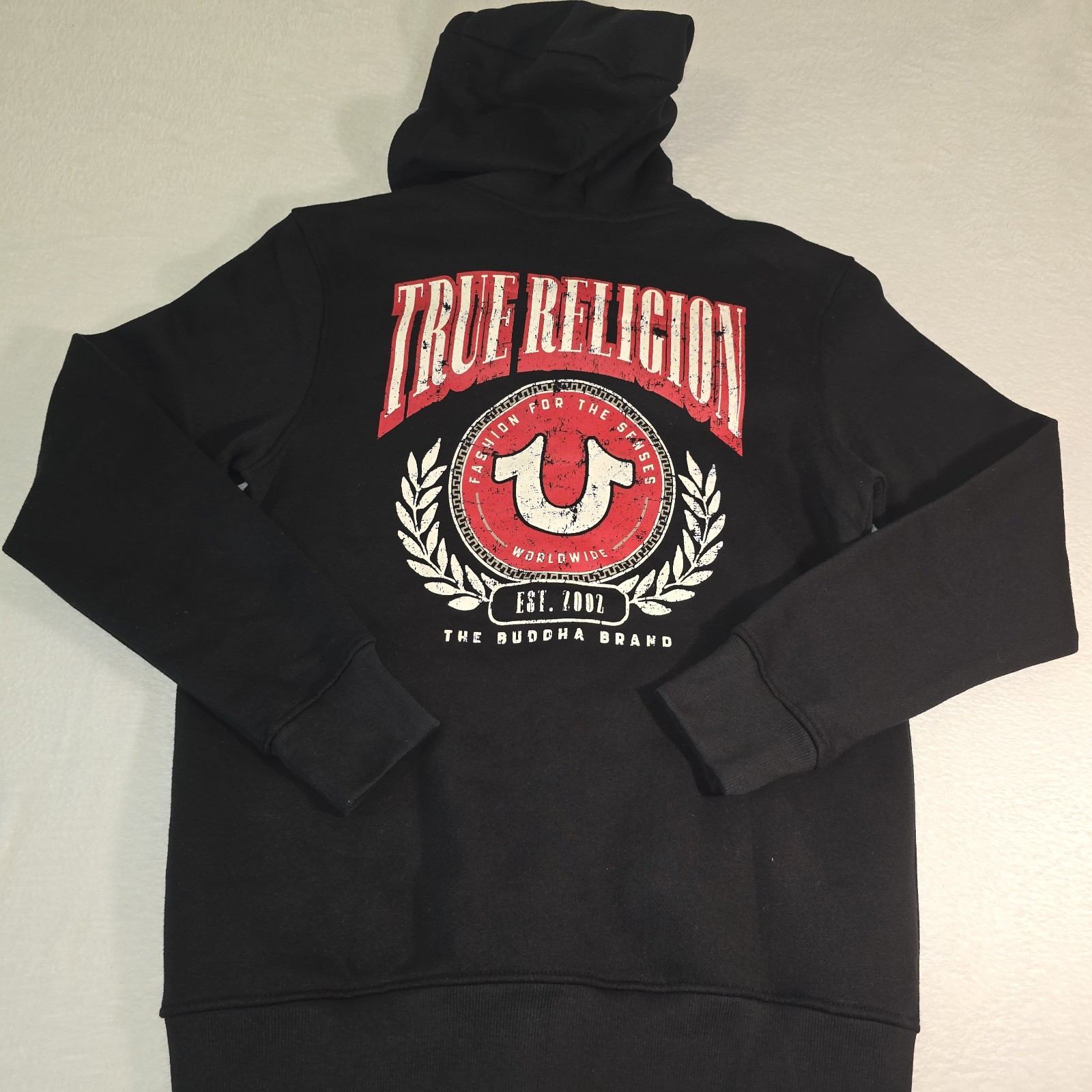 True Religion Full Zip Unisex Hoodie  Black Distressed Logo Size M NWT Grunge