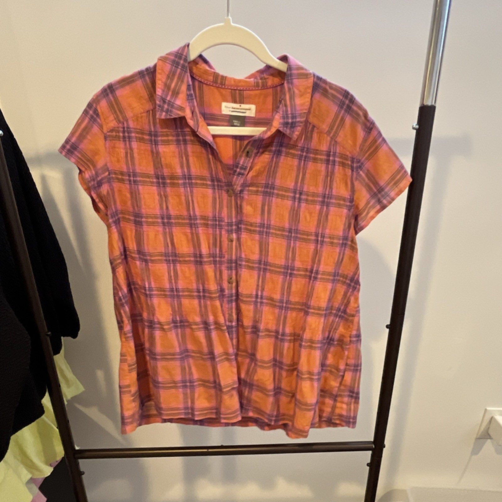 Pilero Anthropologie Orange Pink Collared Short Sleeve Plaid Shirt