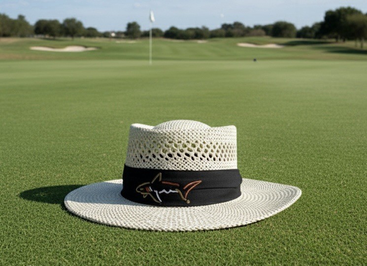 Greg Norman Signature Straw Hat w/ Embroidered Shark Logo Black Band - Natural Greg Norman Signature Straw Hat w/ Embroidered Shark Logo Black Band - Natural
