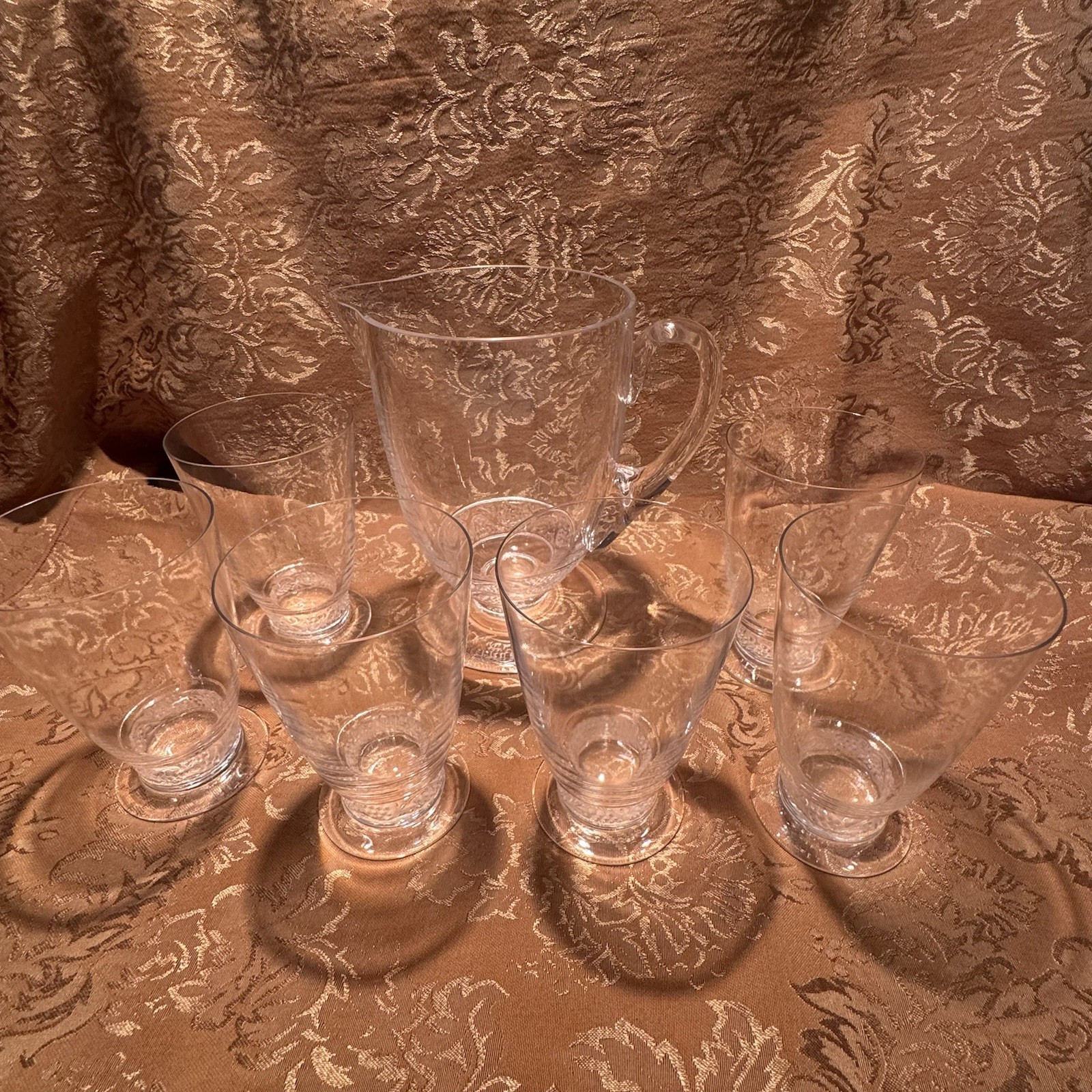 Lalique France Crystal Phalsbourg Pattern Pitcher + 6 Water Goblets Set Signed