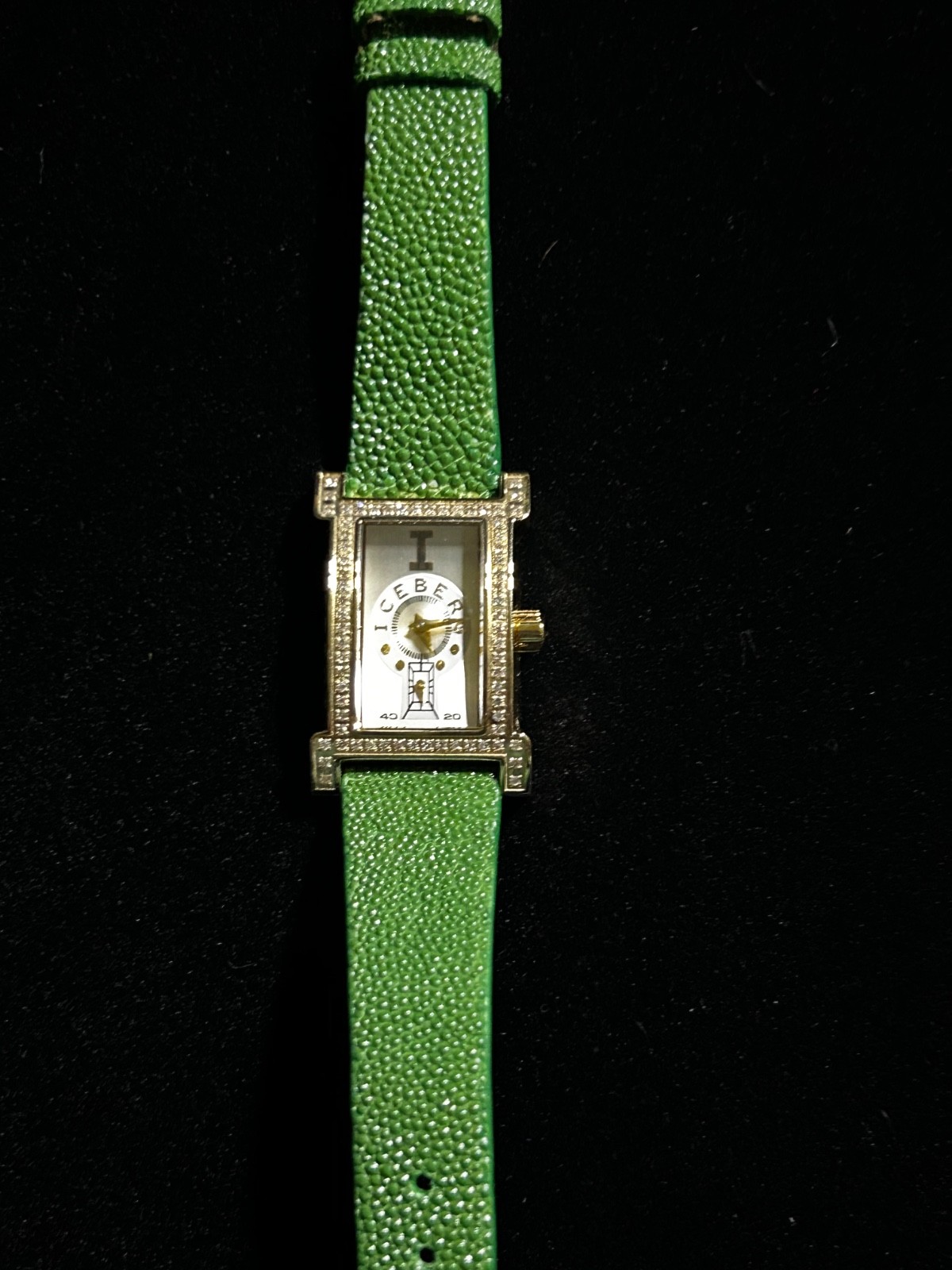 Vintage Iceberg Italy “Ubiquita” Dual Dial Watch Gold H-Case Green Galuchat
