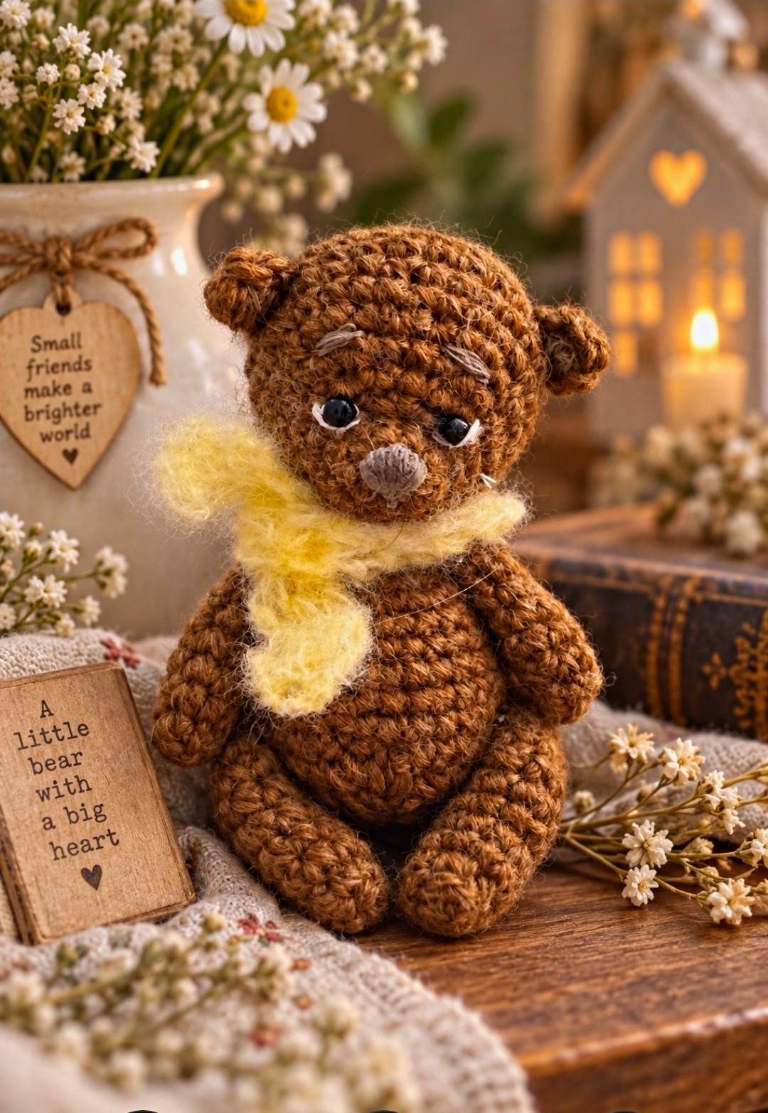 Handmade 1:12 Miniature Crochet Teddy Bear Brown Yellow Scarf Yarn