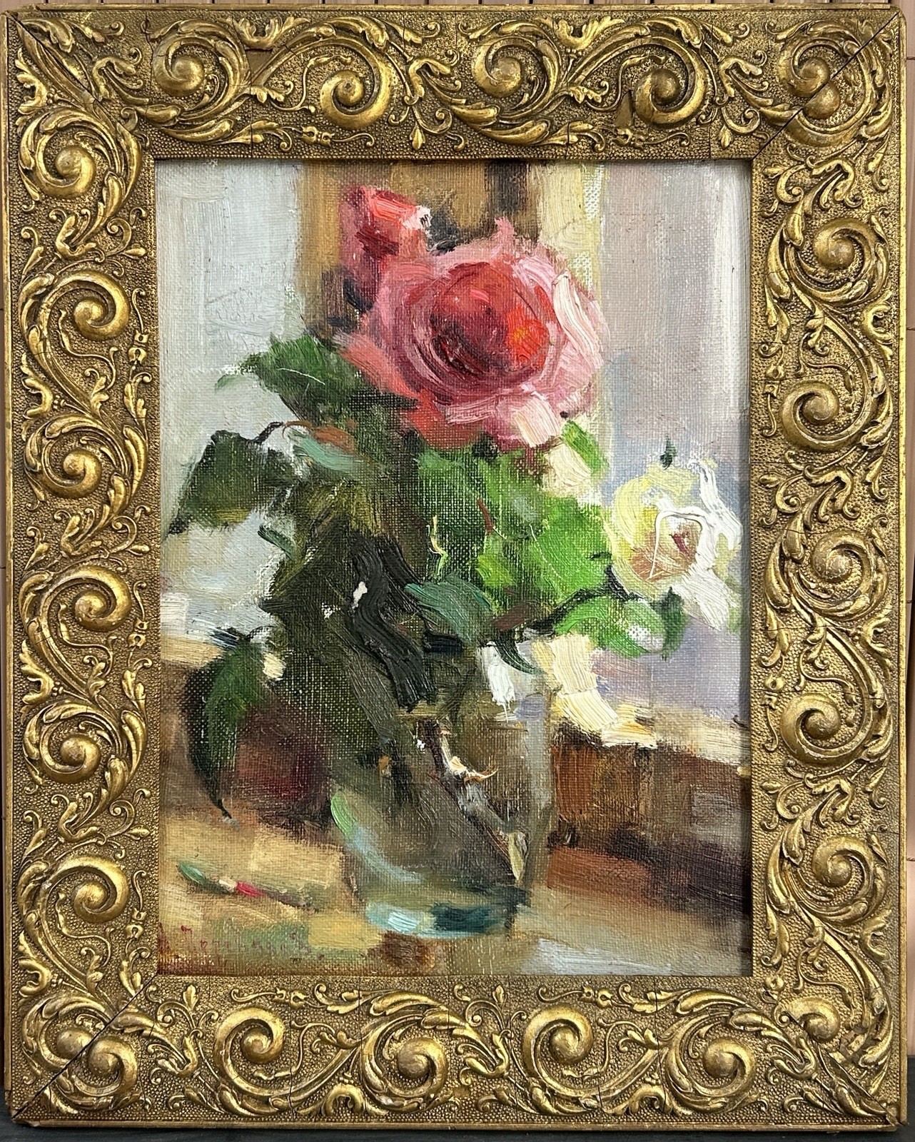 Small Original Oil Painting Vintage XX Century Bouquet Flowers , Framed