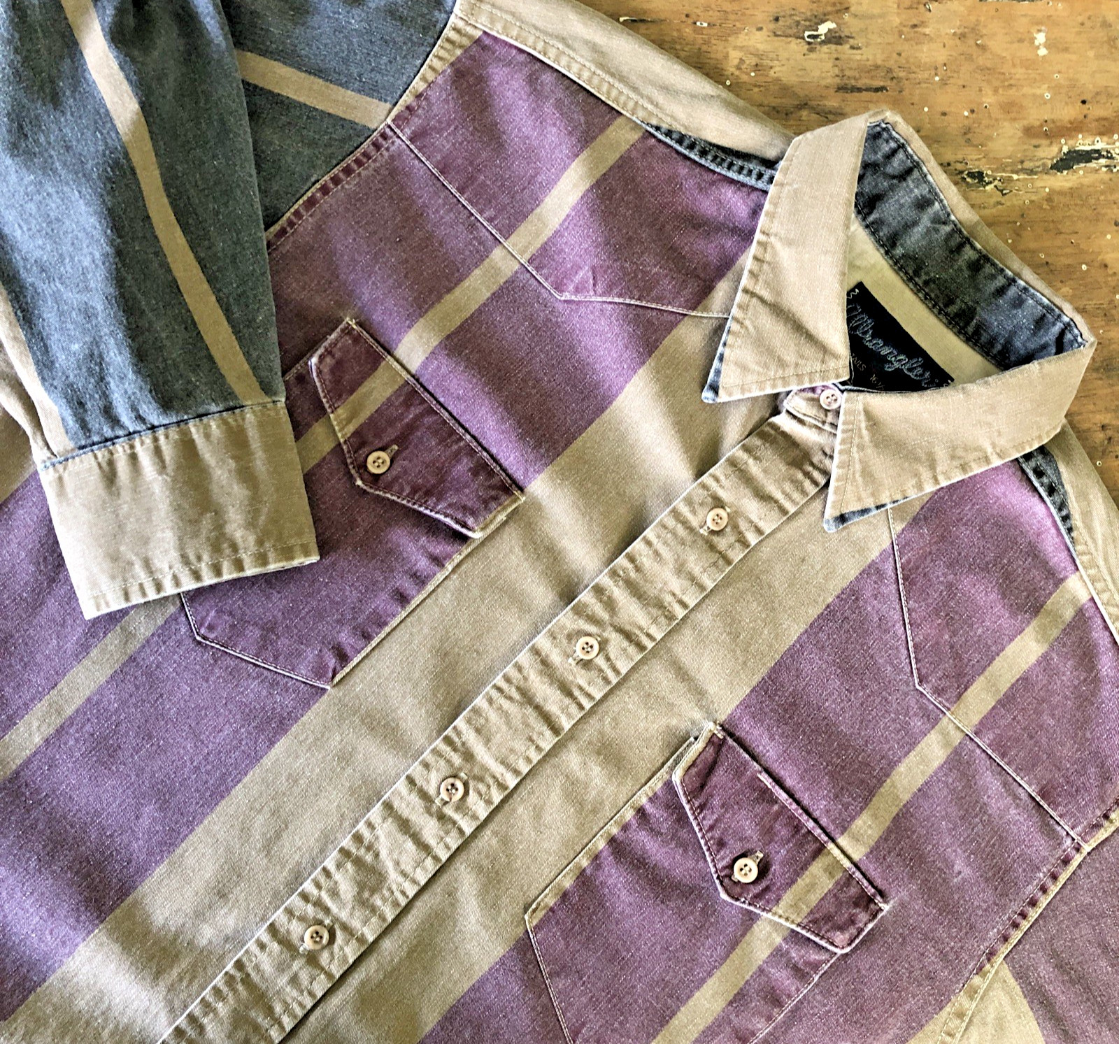 VTG Wrangler Western Shirt Men\'s L Brushpopper X Long Tails Striped 16.5 x 35