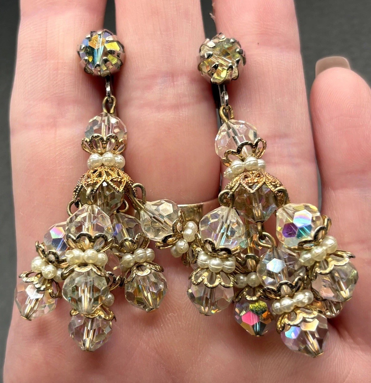 VTG Aurora Borealis AB Crystal Rhinestone Pearl Cluster Dangle Clip Earrings